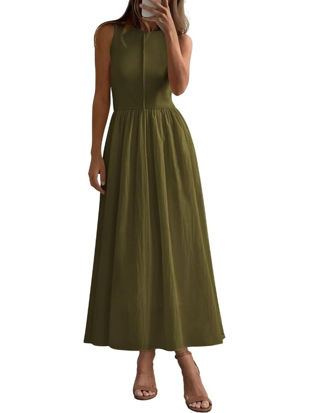 Women's Army Green Summer Casual Sleeveless Patchwork Flowy Vacation Maxi Dress